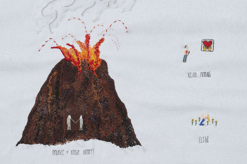 Detail of Elsa Hansen Oldham, Entitled to Love, 2023, Velvet and silk hand embroidery on linen, hand quilted on cotton, 49 1/4 x 46 inches