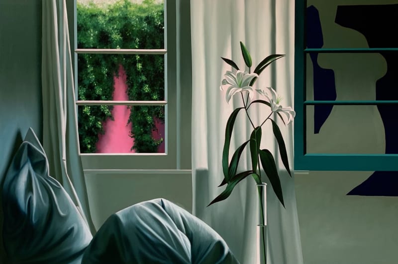 Bruce Cohen, Interior with Lilies, Pink Wall and Matisse Cut-Out, 2021