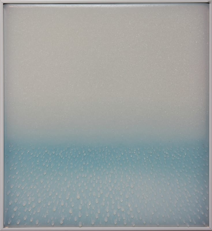 "Opaline Blue Drift," 2019 Kilnformed glass, mirror, and reverse painted pigmented glaze, 17.5 x 19 inches