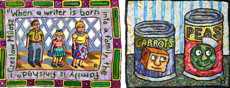 Image showing two tapestries by Roz Chast, When a Writer is Born and Peas and Carrots