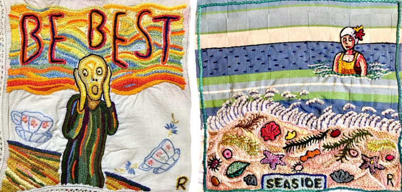 Image of two embroideries by Roz Chast, Be Best and Seaside, 2020
