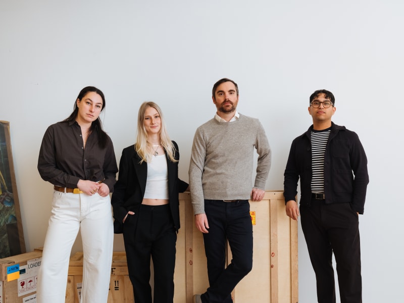 The Charles Moffett team at 394 Broadway with, from left to right: Hannah Root, director of sales; Vilma Clausen, gallery associate; Charles Moffett, founder and owner; José Chavez, senior director, artist relations. Photo by Charlie Rubin.