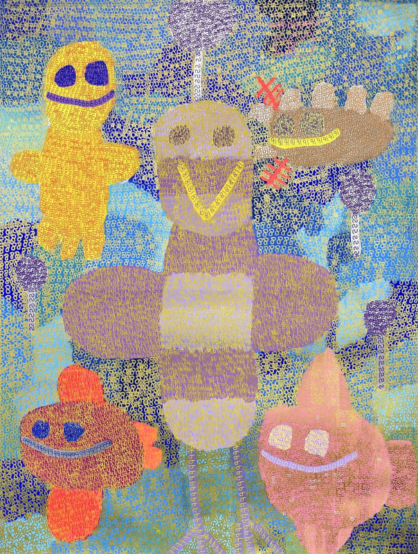 King Nobuyoshi Godwin, The bird is having a relax day because it is with the fish and leaves "88", 2022, acrylic paint on genie canvas, 48 x 36 x 1.5 inches, $5600