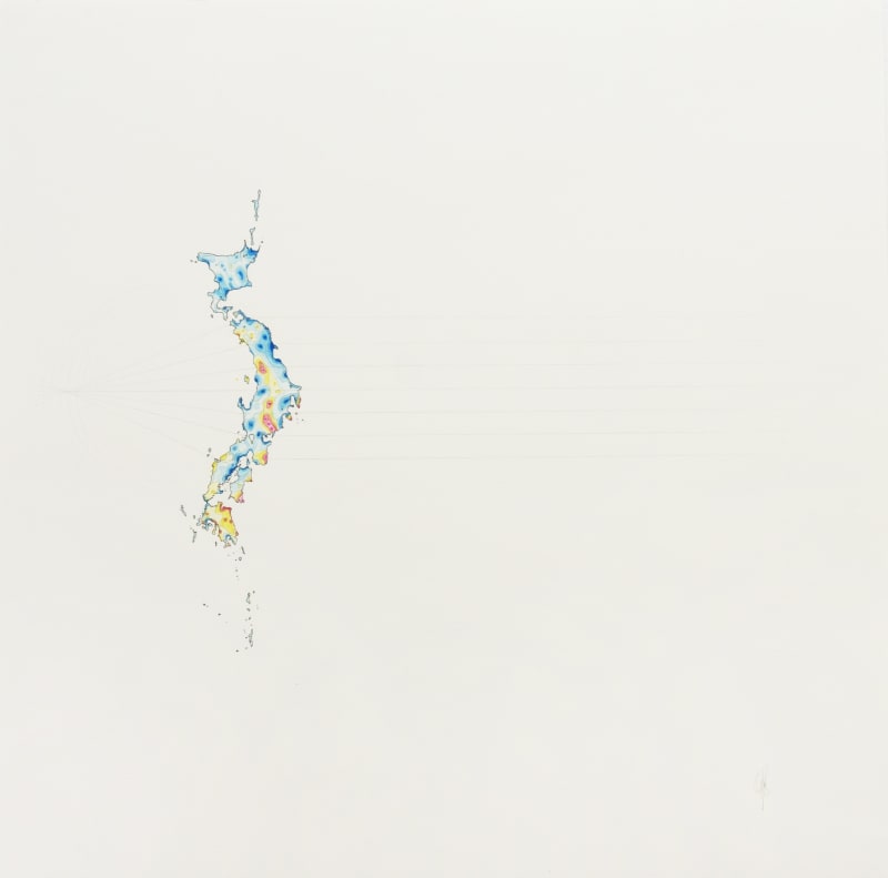 Michael Whittle, Fragment Xanadu Annex (Cassini probe data swathes of Titan’s Xanadu region with ciliary margin-like stern cell niche from self-organising human retinal tissue), 124×124cm, Ink and watercolor on paper, 2017