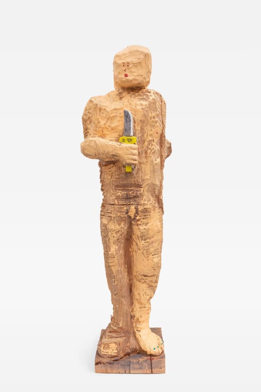 Shinya Azuma, Muteki human (Because he can't lose anymore), 2024 Oil on had-carved wood, 178x50x37cm Photo: Mike Derez. © Shinya Azuma. Courtesy of the artist, Galerie Marguo
