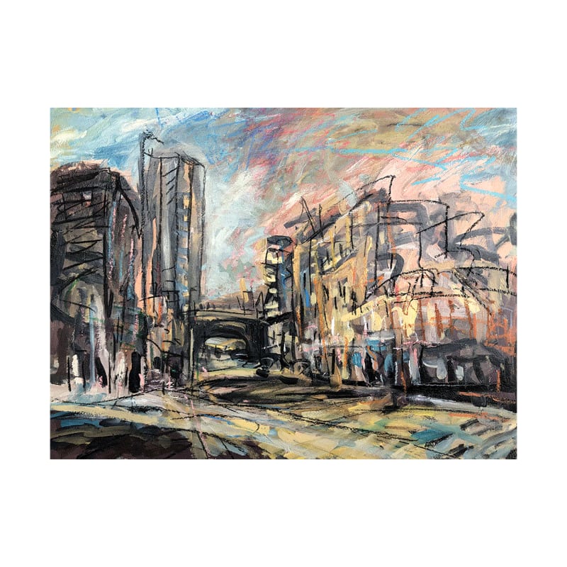 'Shade Next to Manchester Town Hall'; Paints, charcoal, oil pastels; 40cm x 50cm