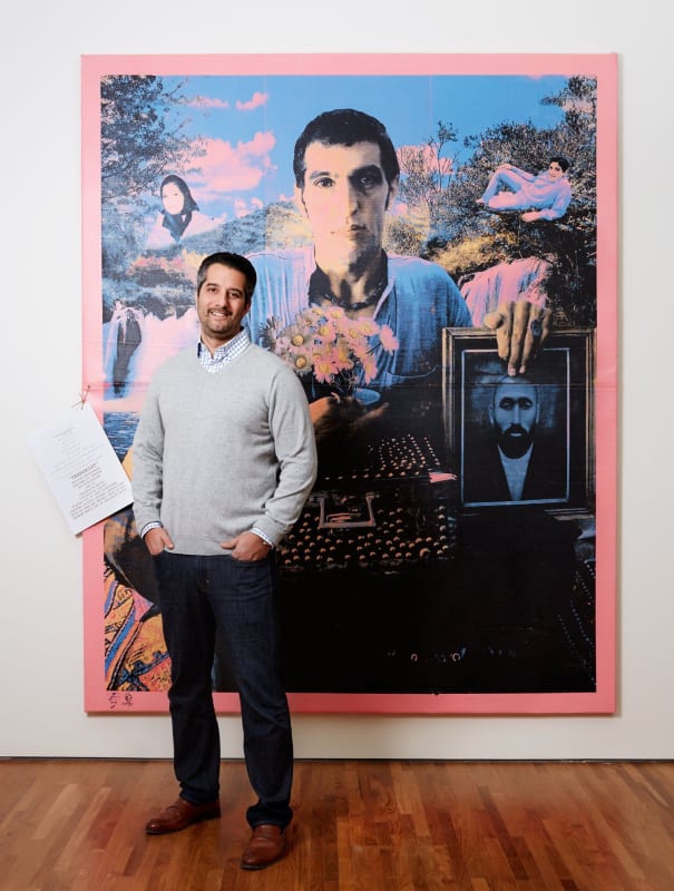 Mohammed Afkhami with a work by Khosrow Hassanzadeh, Terrorist: Khosrow (2004), from his collection Mohammed Afkhami Foundation _______________________ Courtesy of The Art Newspaper and Mohammed Afkhami