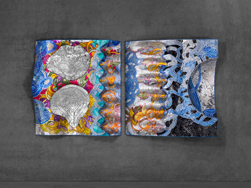 Pooya Aryanpour, Untitled, 2024, Kiln-fired dyed glass, mirror fragment, and plaster on fiberglass structure with Styrofoam core, 140 x 161 x 38 cm