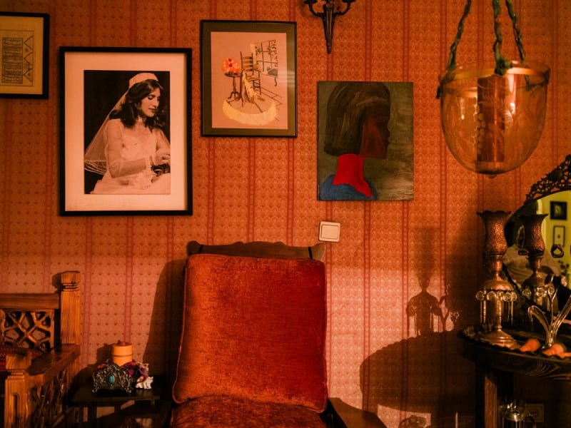 Newsha Tavakolian, "The wall of my friends house, where I found an exact copy of my mom’s wartime piece of embroidery", 2025, courtesy of Newsha Tavakolian / Magnum Photos