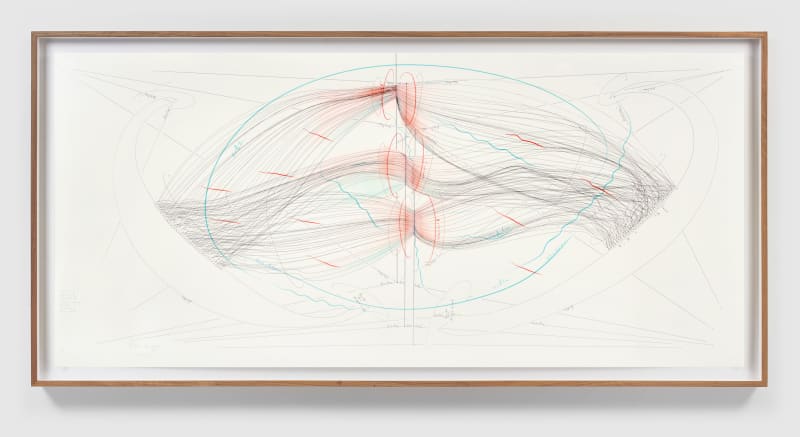 Jorinde Voigt, "Ludwig van Beethoven - Opus 119, Nr. 2" (2020); signed and dated lower left recto; ink, gold leaf, pastel, oil pastel, and graphite on paper; 31 1/2 x 70 7/8 in (80 x 180 cm)