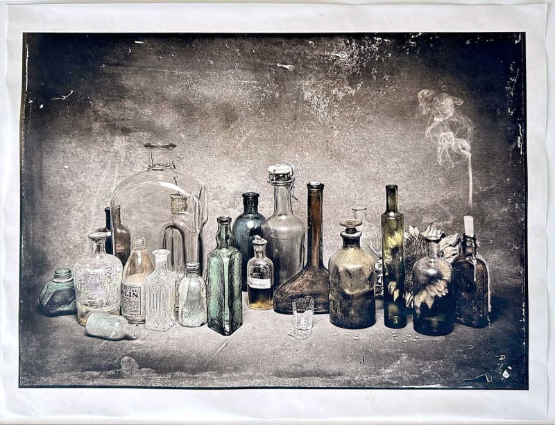 Jan C Schlegel, Moments in Bottles #2, 2024 Hand-painted platinum print with gold on transparent 15gms Hawagashi paper 26.5 x 36.5 cm