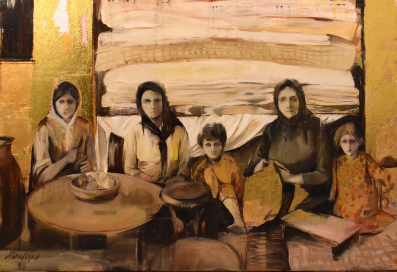 Marwa Najjar, Palestinian family, 2021, Oil and gold leaf on canvas, 100x150cm