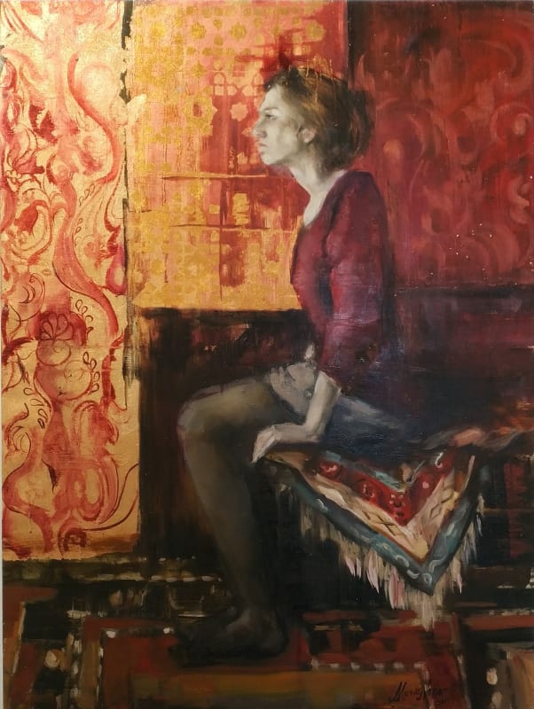 Marwa Najjar, Stare, 2019, Oil and copper leaf on canvas, 102x76cm