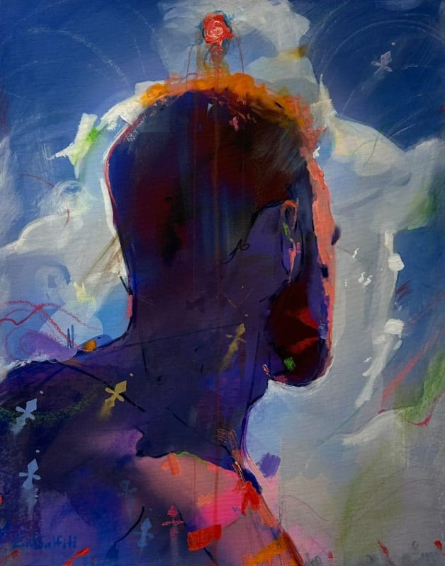 Zaid Salfiti, Into the clouds, 2024, Mixed media(digital print, acrylics, gouache, pastel) on canvas, 80x63cm