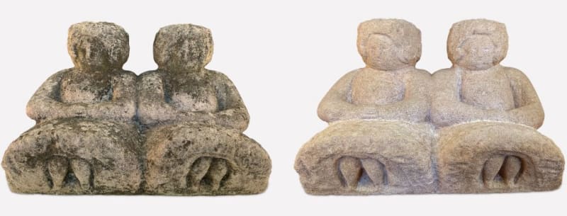 William Edmondson, Martha and Mary (ca. 1931–1937), both before and after conservation by Linda Nieuwenhuizen. Photo by Linda Nieuwenhuizen, courtesy of the American Folk Art Museum.