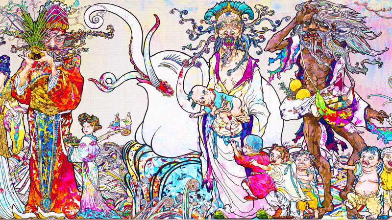 © 2014 Takashi Murakami ／ Kaikai Kiki Co., Ltd. All Rights ReservedTakashi Murakami, In the Land of the Dead, Stepping on the Tail of a Rainbow (detail), 2014. Acrylic on canvas. The Broad Art Foundation.