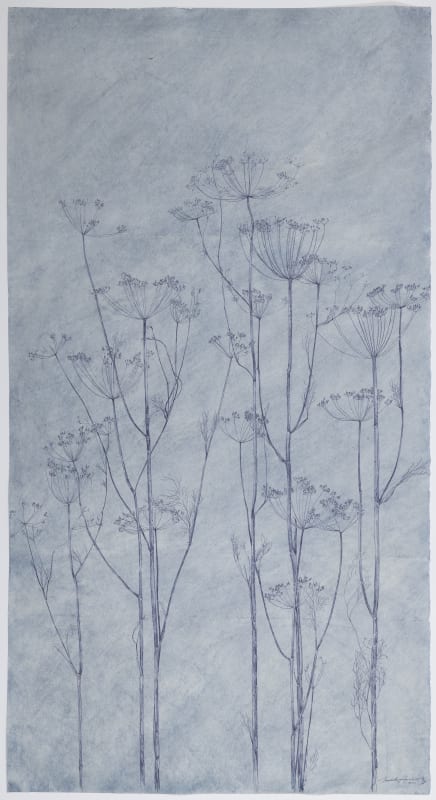 Sarah Horowitz, Blue Seed Heads (2021), ink on hand-dyed okawara paper, 55 1/2 x 29 3/4 in