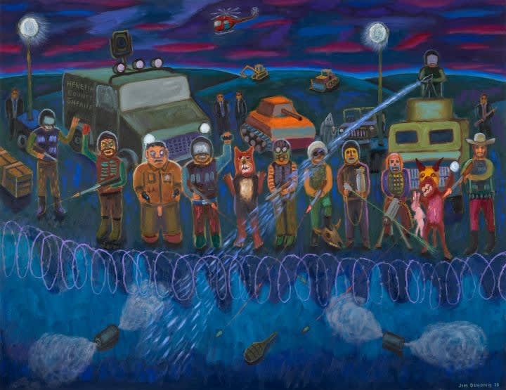 Jim Denomie, “Wounded Knee, 2016” (2018), oil on canvas, 54 x 70.25 in