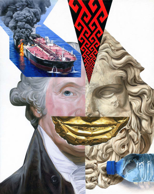 Jake Scharbach Marble Head of Zeus Ammon, Roman, A.D. 120-160, George Washington, Gilbert Stuart, 1795, Funerary Mask, Indonesia, 14th Century, Tanker in the Gulf of Oman reportedly attacked- AP (Iranian Student News Agency), Plastic Water Bottle, Greek Border Design, 2019 oil on canvas 20 x 16 in