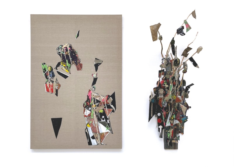 Pierre Yves Bohm Les déplacés, été 2020. Huile sur toile 195 x 130 cm et technique mixte ( branches, tissus ) 190 x 70 x 75 cm Env. 195 x 250 x 75 cm.