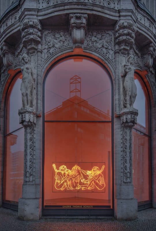 Installation view, Bethan Huws' neon sculpture "Monkeys" in the Corner Space of Galerie Thomas Schulte, Berlin, 2023