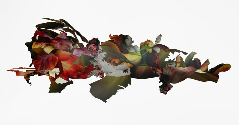 Luzia Simons, Entfaltung, 2018, unikat / unique, kolaž izdelan iz fotografskega papirja na akvarelnem papirju na Aludibondu, okvir, muzejsko steklo, triptih / collage made with photographic paper on watercolour paper mounted on Aludibond, frame, museum glass, triptych, 147 x 276 (3x 147 x 92 cm), okvirjeno / framed 151.6 x 96.6 cm (3x 151.6 x 289.8 cm)