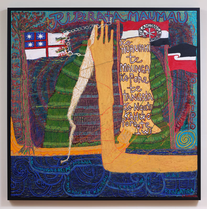 Emily Karaka, Pepeha, 2021, acrylic and mixed media on canvas, 1830 x 1830mm