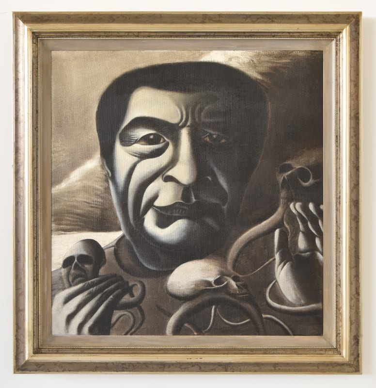 Tony Fomison, Untitled (Head and Spirits), 1973-1974, oil on jute canvas, 1000 x 960mm/1265 x 1220mm framed