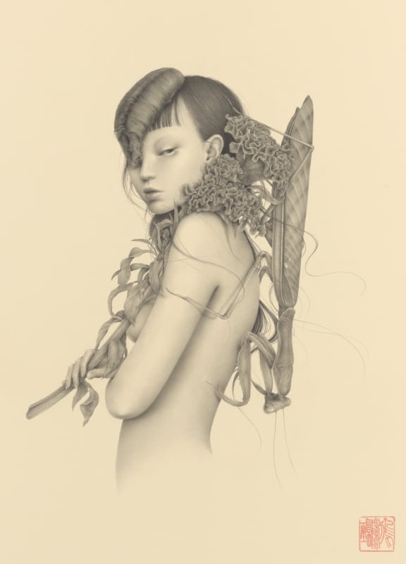 graphite drawing by Ozabu, featuring nude female with flowers and insects