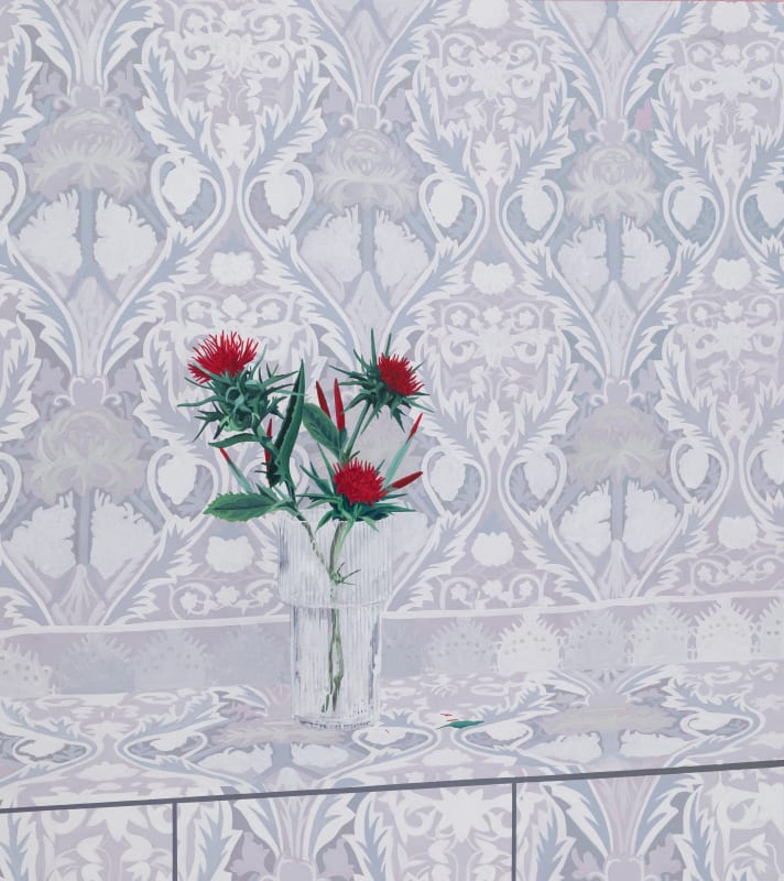 Painting of a vase with red flowers on a table. A continuous white floral pattern stretches across the walls behind the vase and the table. By Francisco Diaz Scotto.