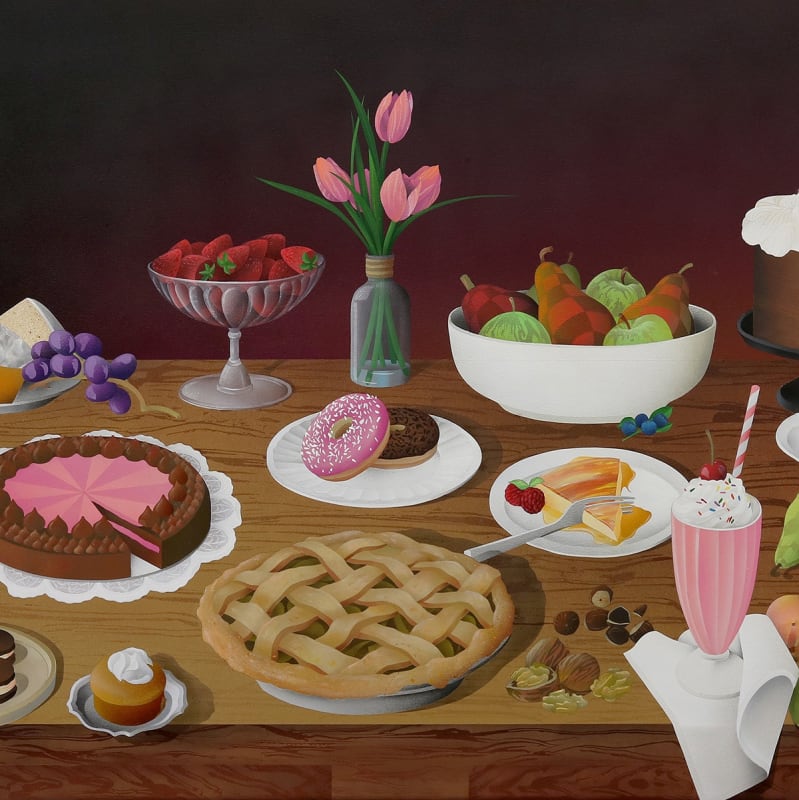 Casey Gray - spray painting of a table of dessert, fruits, and flower.