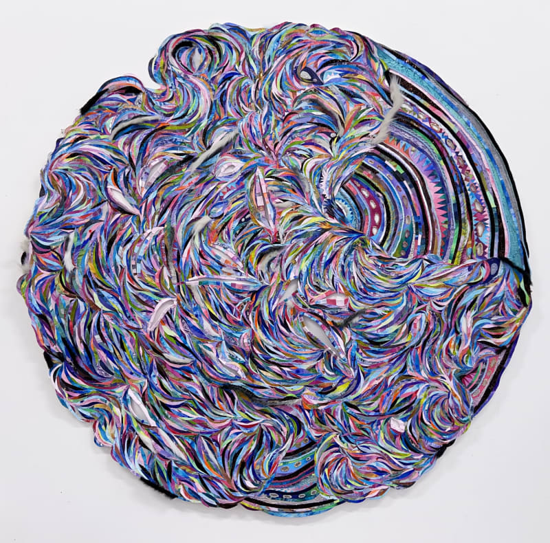 Kathy Sirico, "Monument to a Tree", 2021, Acrylic on canvas, recycled textiles, yarn, faux fur, and mixed media collage on canvas, 52 x 52 x 2in (132.1 x 132.1 x 5.1 cm)