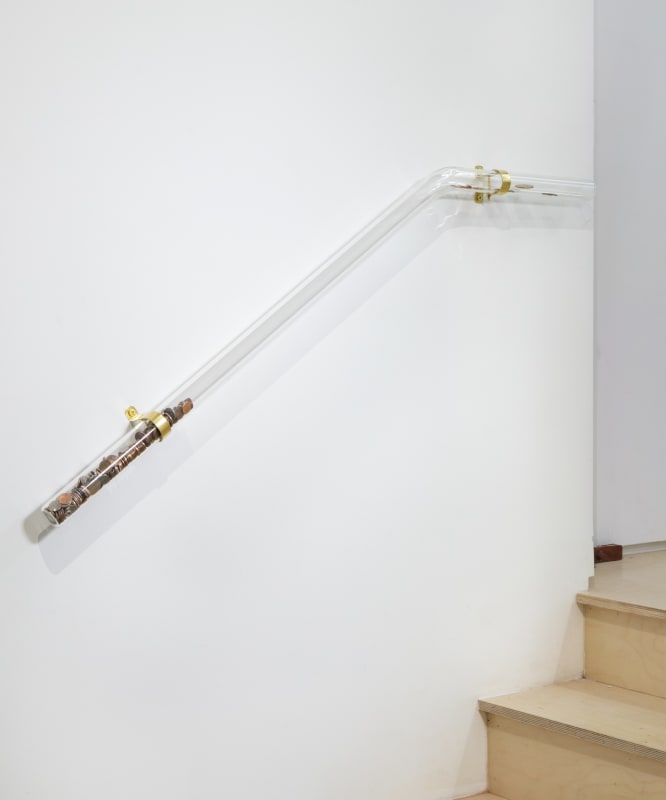 Paloma Izquierdo, "Money Rail" , 2023, Glass, brass, coins, bills, 3 x 48 x 3 in (7.62 x 121.92 x 7.62 cm)