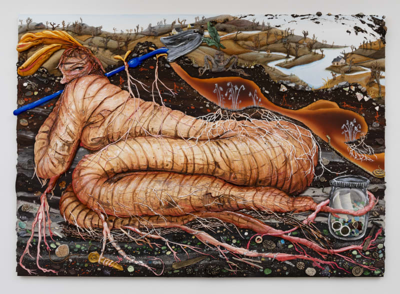 Kate Klingbeil, “Digging Myself Out of A Hole”, 2021, Acrylic, pigment, flashe, pumice, sand, crushed garnet, mica, cast brass, ceramic, bones, beach glass, shells, rocks from Lake Michigan and Lake Charlevoix, and oil stick on canvas, 59 x 83¼ x 2 inches