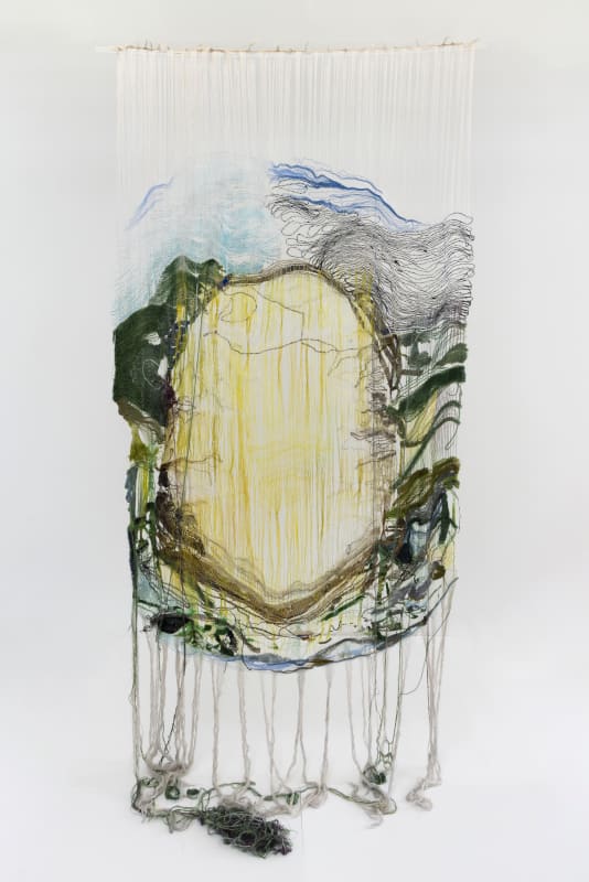 Jacqueline Qiu, “Eclose Chew all your leaves, I fear you may have no mouth once you’re grown”, 2024, Handwoven tapestry and beading, 120 x 50 x 1 inches (304 x 127 x 2 cm)