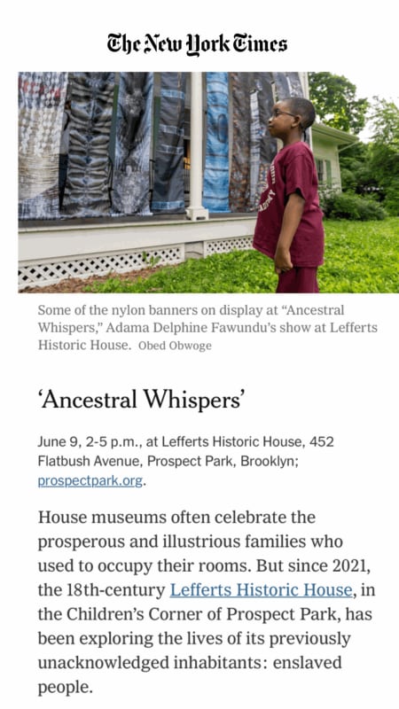 Adama Delphine Fawundu's 'Ancestral Whispers' at Lefferts Historic House, New York Times