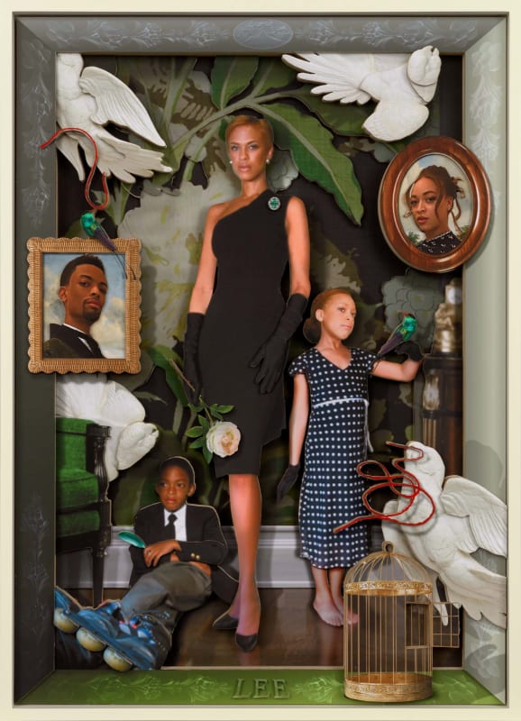 Wood relief collage by Ron Norsworthy featuring Tonya Lee with two children, framed portraits, white doves, and a golden birdcage against a floral backdrop.