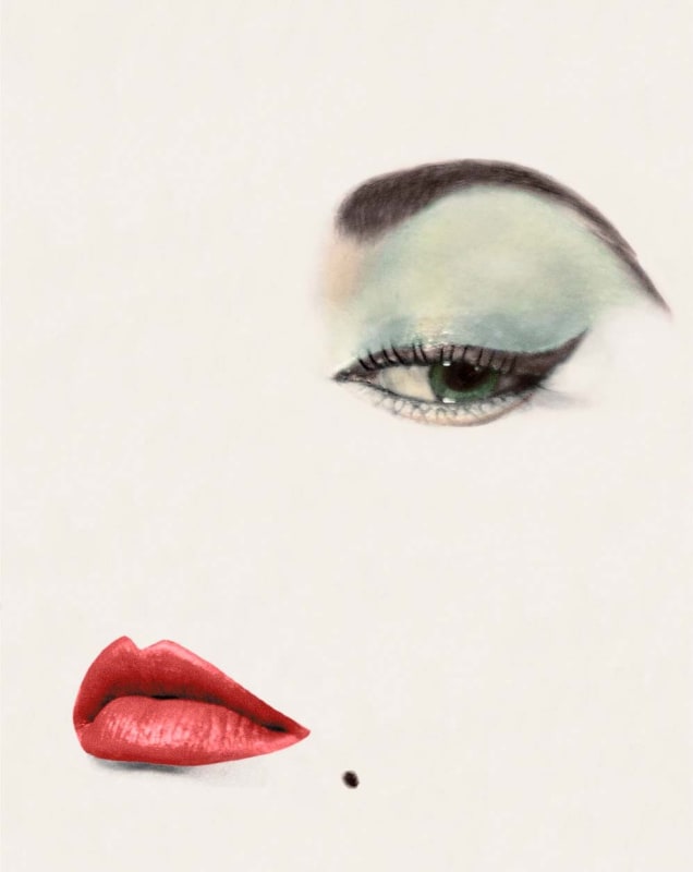 Erwin Blumenfeld photograph of model Jean Patchett's face with only eye, lips, and beauty mark visible