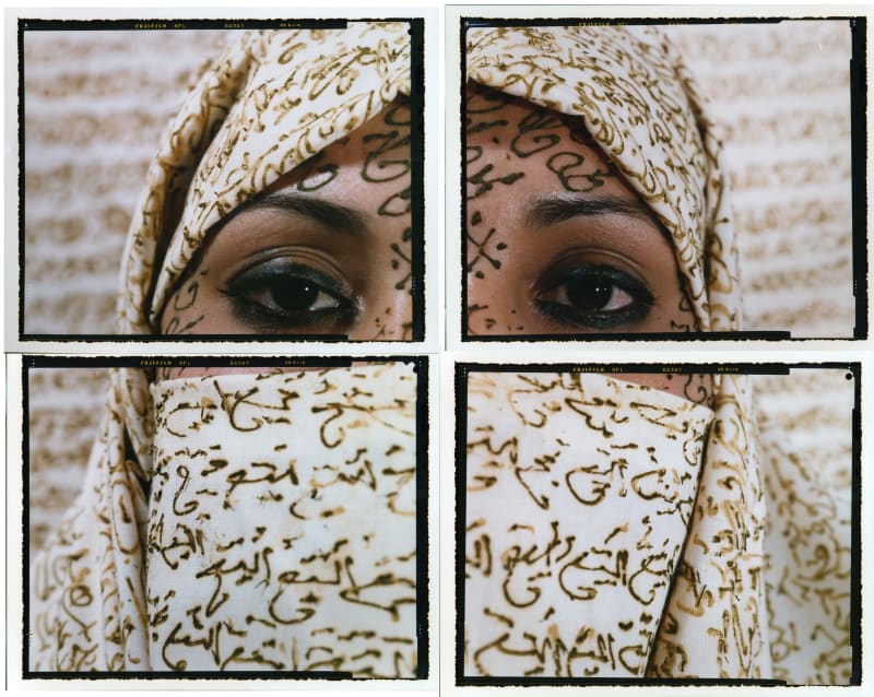Woman wearing face covering inscribed with Arabic calligraphy in henna, made of four panels, by Lalla Essaydi