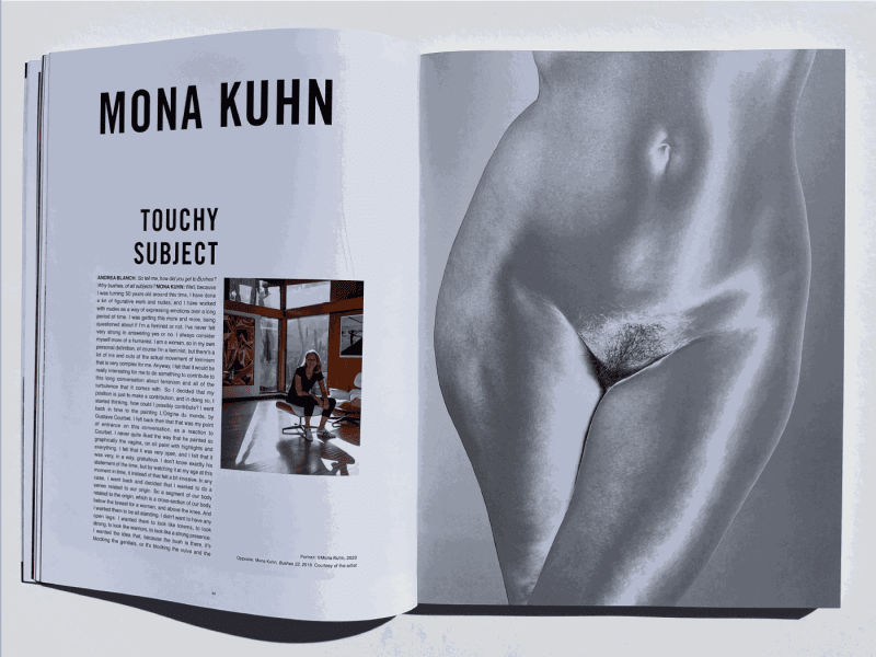 Musée Magazine spread called Mona Kuhn: Touchy Subject with interview on the left hand page and Bushes artwork on right hand page