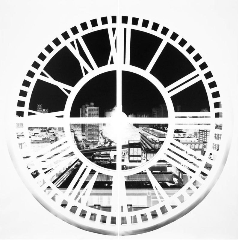 black and white inverse image of a cityscape through a clock face