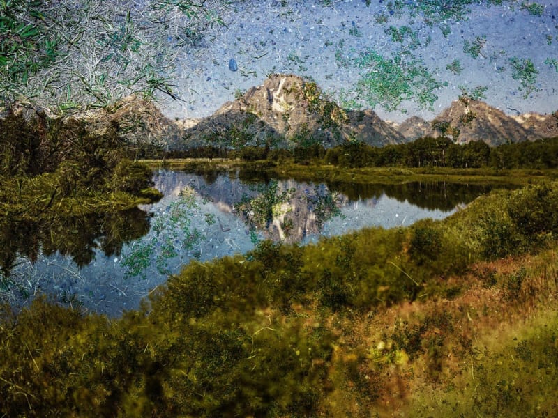 Abelardo Morell tent camera photograph of Tent-Camera Image on Ground: View of Mount Moran and the Snake River at Grand Teton National Park, Wyoming
