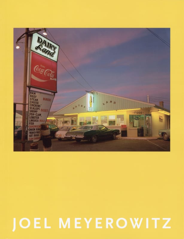 Joel Meyerowitz exhibition catalogue cover for the 2006 exhibition Modern Color, Vintage Prints; bright yellow with white text at bottom and color photo of a Dairy Land front and center