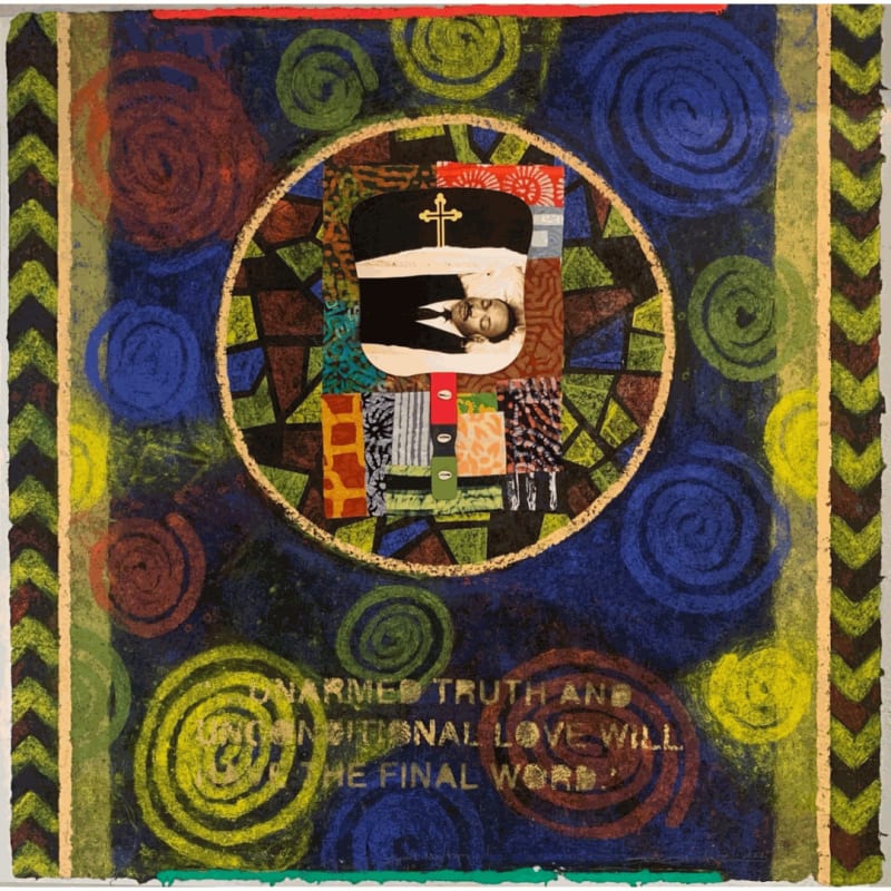 Juan Sánchez, "Saint Martin," 2022, Collagraph, batik fabric, wood, cowrie shells, digitally printed, hand-made fan assemblage, hand-coloring on handmade paper, 48 x 48 in (121.9 x 121.9 cm), Edition of 16