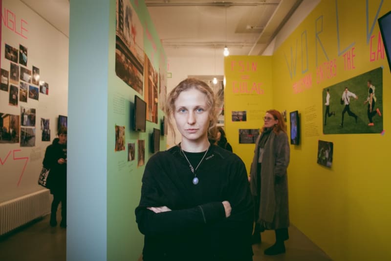Maria Alyokhina, member of Pussy Riot, on opening night of the exhibition “Velvet Terrorism: Pussy Riot’s Russia” at Kling & Bang gallery on Nov. 24 in Reykjavik, Iceland. (Heida Helgadottir for The Washington Post)