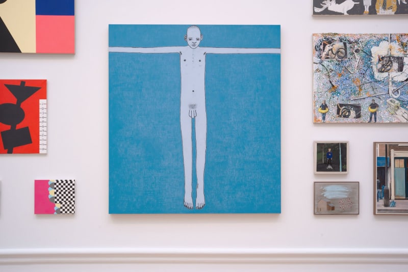 Installation view of David Austen 'Blue Boy', 2020, oil and charcoal on flax canvas 167 x 152 x 6 cm. Courtesy the artist and Ingleby, Edinburgh