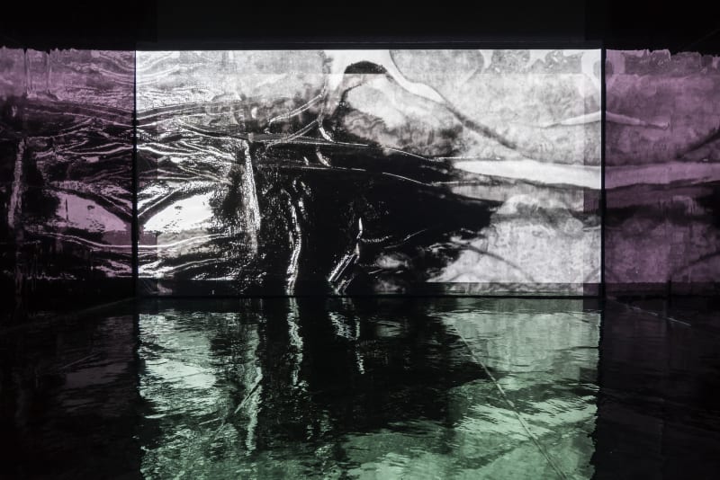 Zheng Chongbin, Chimeric Landscape, 2015, environmental video installation, 17 minutes, detail of installation. Photographer: Ela Bialkowski/OKNO studio. 郑重宾，《运行中的异化之境》，2015，环境影像装置，17分钟，空间图。摄影师：Ela Bialkowski/OKNO studio。