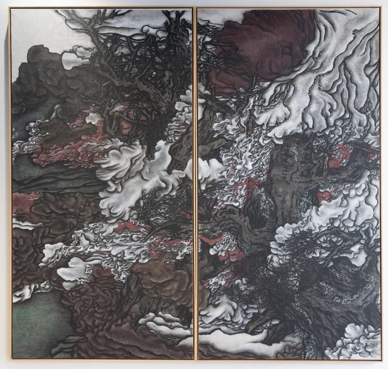 杨诘苍，《白火》，墨，矿物质颜料，绢，亚麻布，2009 Yang Jiechang, Burning Tree - White Fire, ink and mineral color on silk, mounted on canvas, 2009