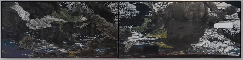 杨诘苍，《横云带金》，墨，矿物质颜料，绢，亚麻布，2007 Yang Jiechang, Dark Cloud, Golden Horizon, ink and mineral colors on silk, mounted on canvas, 2007