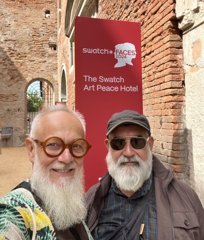 Artists Daniel Giannone (L) and Leo Chiachio (R) at the Arsenale in Venice for the Swatch Faces 2024 exhibition.